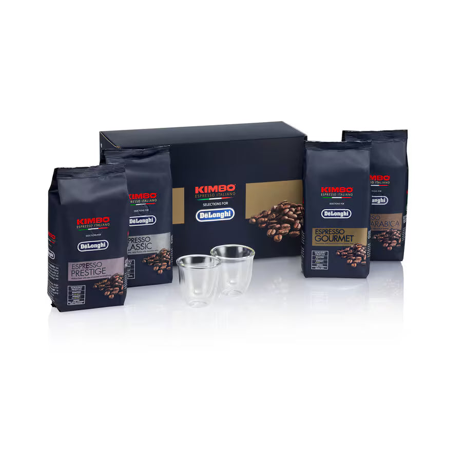 Kimbo for De'Longhi, Coffee Tasting Kit mit Kaffeebohnen 4 x 250 g und zwei Espressogläsern