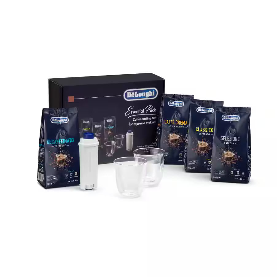 Essential Pack mit De'Longhi Kaffeebohnen 4 x 250 g, 2 Cappuccino-Gläsern und Wasserfilter